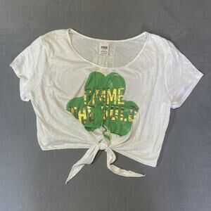 PINK Victoria's Secret Shirt Womens Medium Shamrock Gimme The Gold Tie Front Tee